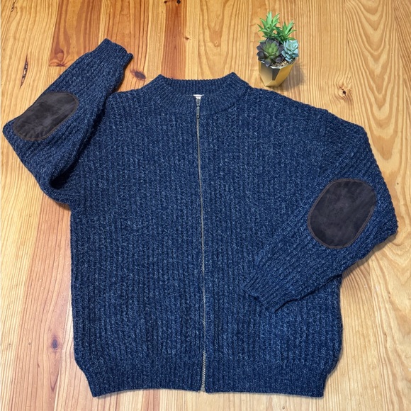 Woolrich Full Zip Wool Blend Sweater Jacket Mens LRGAsh Navy Elbow Patches VTG